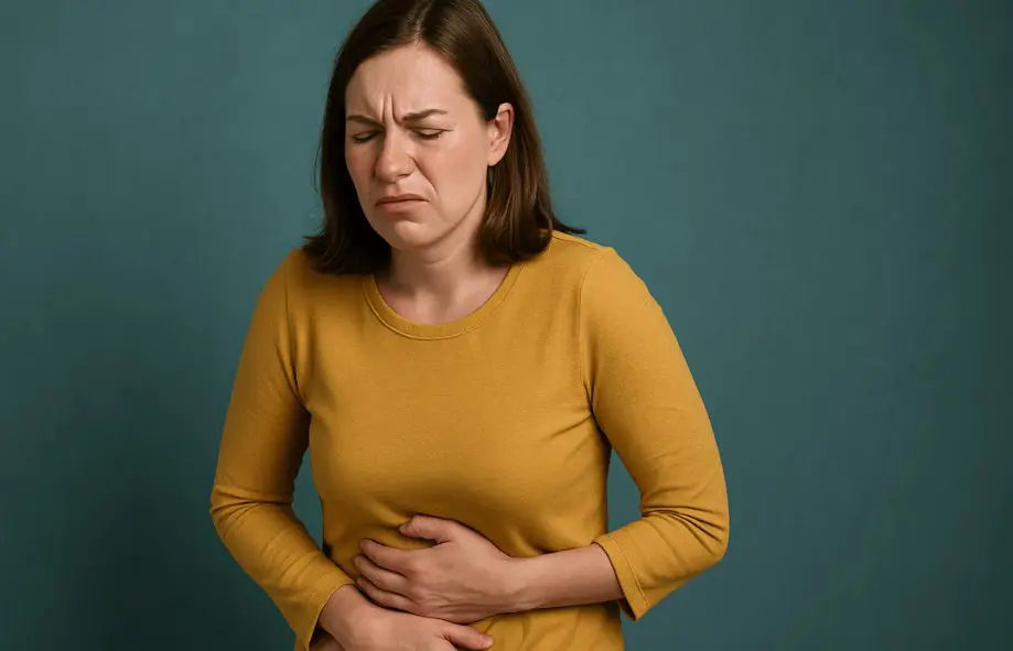 Mulher com do de barriga - conteúdo gerado por AI.
