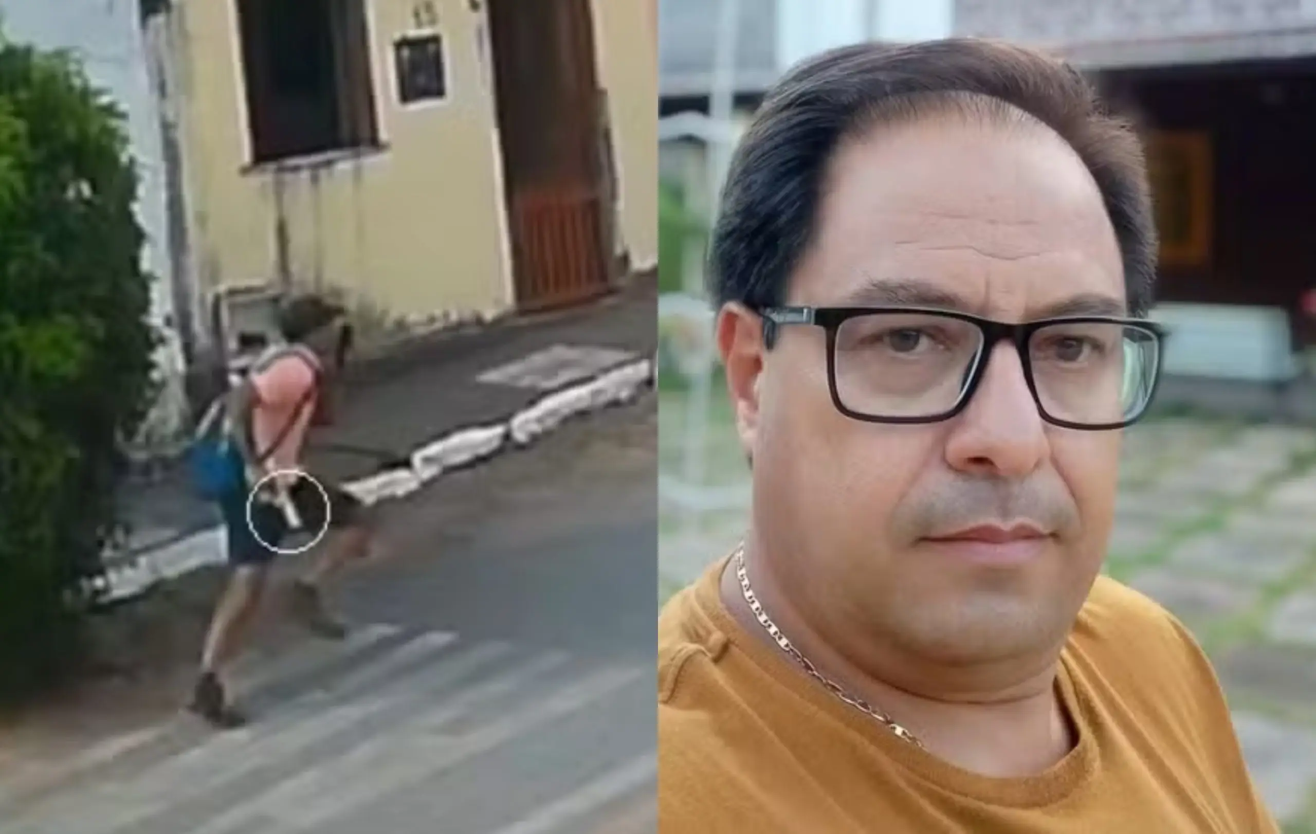 Suspeito corre com arma na mão após o crime. Vítima (direita) era empresário da região.