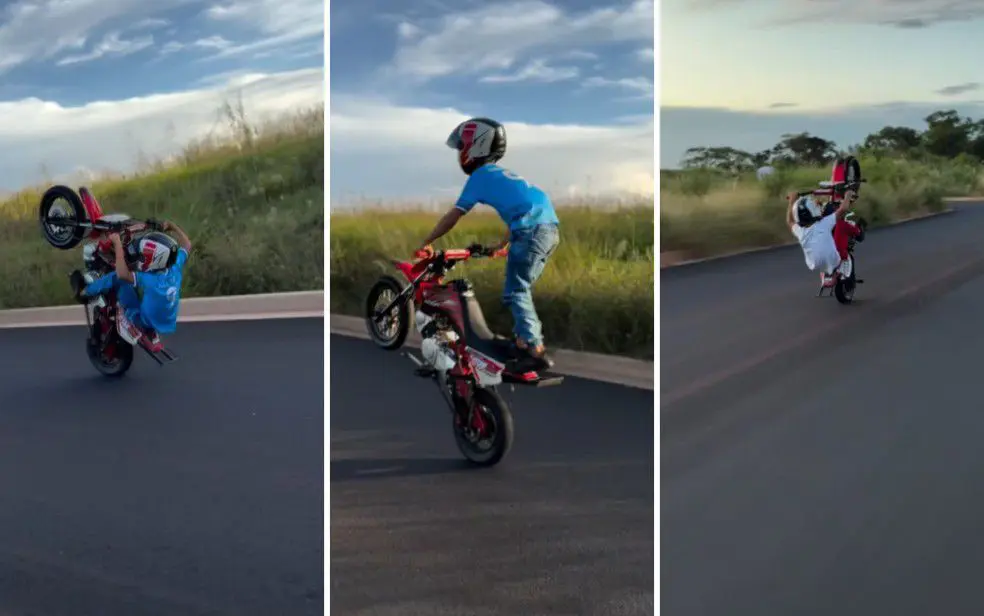 Criança de 10 anos é flagrada em manobra arriscada de moto