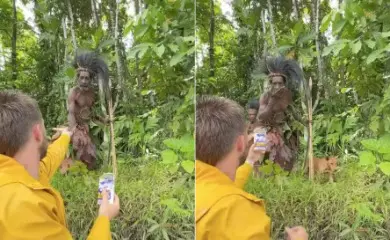 Influenciador irlandês oferecendo sal para um nativo e sendo ameaçado com arco e flecha. Crédito: Reprodução/Tiktok