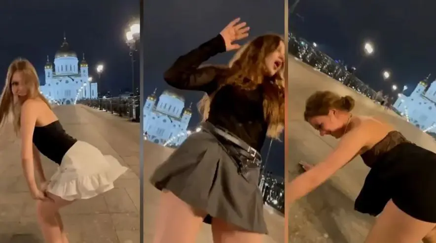 Estudantes universitárias russas foram condenadas a 11 meses de “trabalho corretivo” após gravarem dança sensual  em frente a catedral. Foto: Reprodução Tik Tok