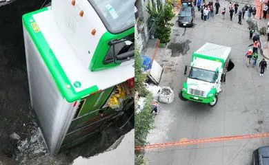 Caminhão é engolido por buraco e imagem impressiona