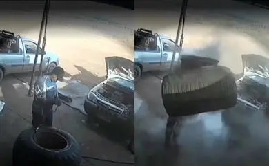 Vídeo impressionante: pneu explode e arremessa borracheiro