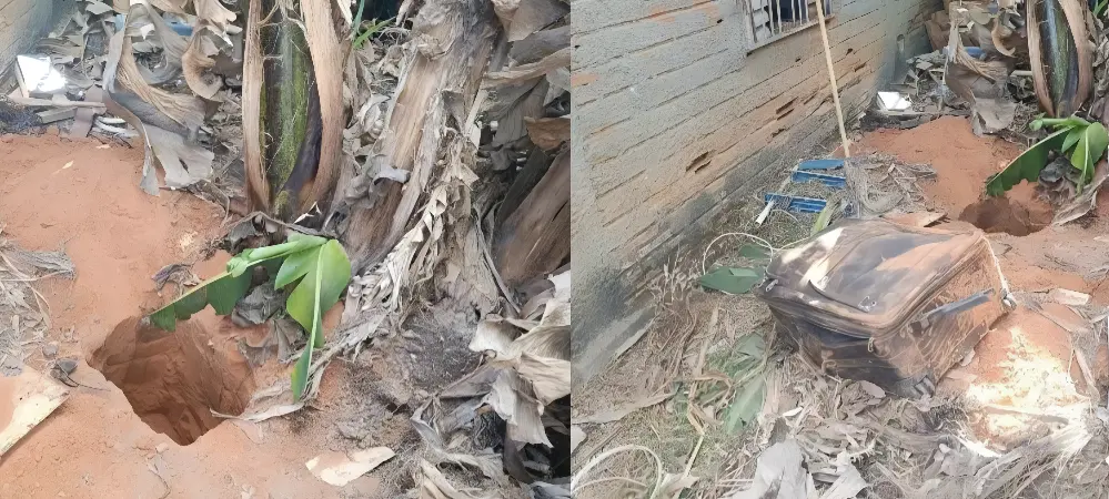O suspeito colocou o corpo na mala na mesma noite do crime e, no dia seguinte, cavou um buraco nos fundos do barracão para enterrá-lo, cobrindo o local com folhas. (Foto: Reprodução)