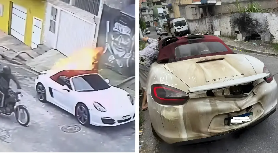 Carro de luxo é incendiado na Zona Sul de São Paulo por dois criminosos em uma moto. (Foto: Reprodução)