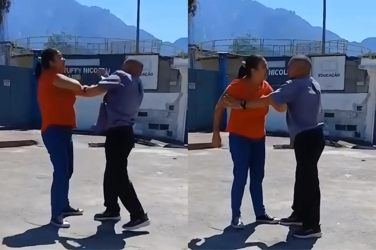 Barraco em porta de escola: mulher enche marido de porrada após descobrir traição (Foto: Reprodução/Redes Sociais)
