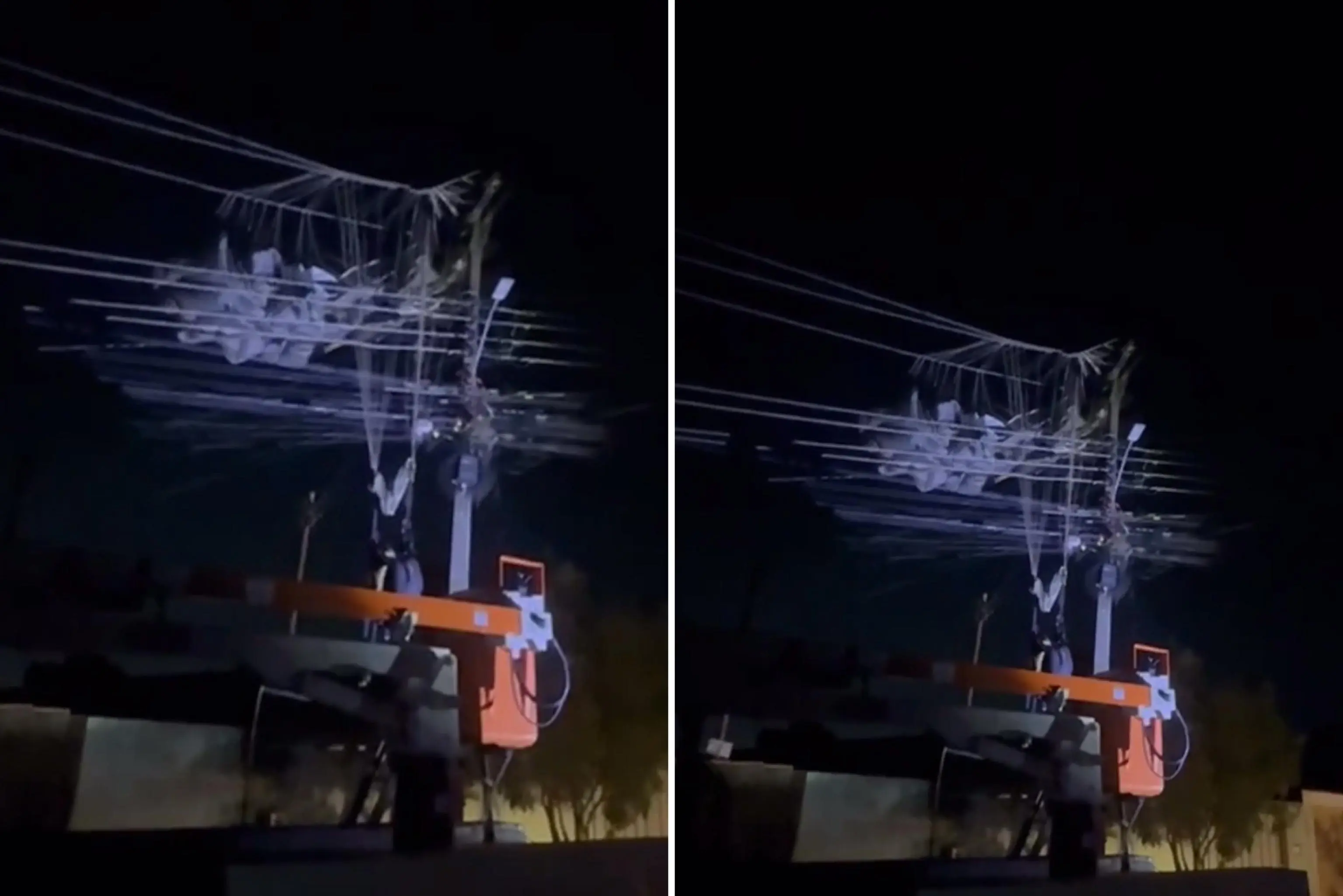 Paraquedista do exército cai e fica preso em fios de alta tensão. Imagem-Reprodução: Internet 