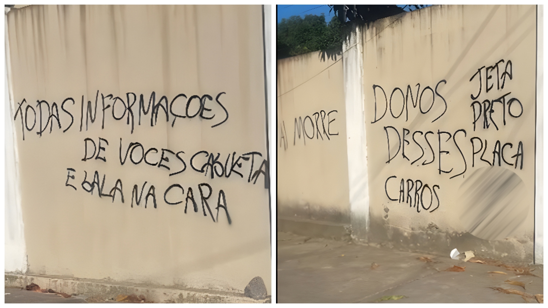 Pichações exibem ameaças em muro de condomínio.