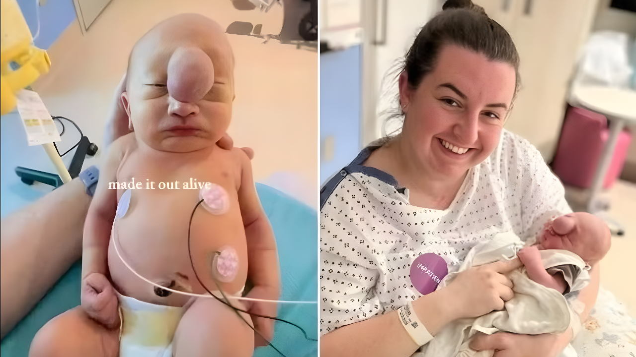 Bebê com parte do cérebro no meio da testa. À direita, a mãe segurando a criança.