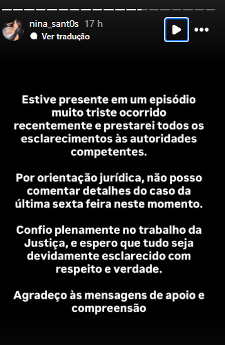 Pronunciamento de Nina Santos (Foto: Reprodução/Redes sociais)