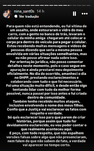 Pronunciamento de Nina Santos (Foto: Reprodução/Redes sociais)
