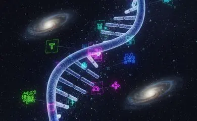 gere uma imagem com Um fragmento de DNA em tons de azul e roxo, brilhando suavemente que saía do canto esquerdo inferior, sentido ao canto direito superior. Dentro ou ao redor da hélice, ou até mesmo como parte de sua estrutura, há formas geométricas abstratas e luminosas, que lembram tecnologias ou símbolos extraterrestres, talvez com um toque etéreo ou cósmico. O fundo poderia ser escuro com algumas estrelas distantes e galáxias, para reforçar a ideia do espaço. A ideia é ser enigmático, mas claro o suficiente para ligar 