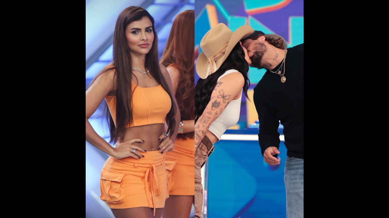 Imagem mostra mulher desconfortável com beijo de casal no palco do programa.