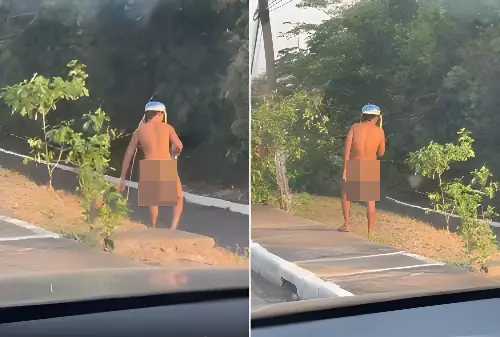 Só de chapéu e sem vergonha, 'peladão' cruza ponte e vídeo viraliza (Foto: Reprodução/Redes Sociais)