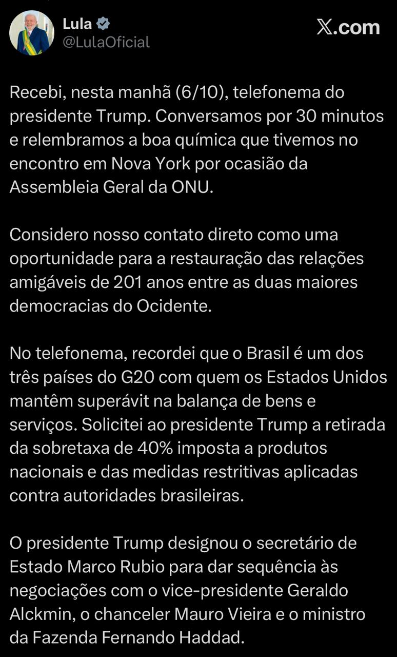 Lula revela detalhes de conversa com Trump (Foto: Reprodução/Redes Sociais)