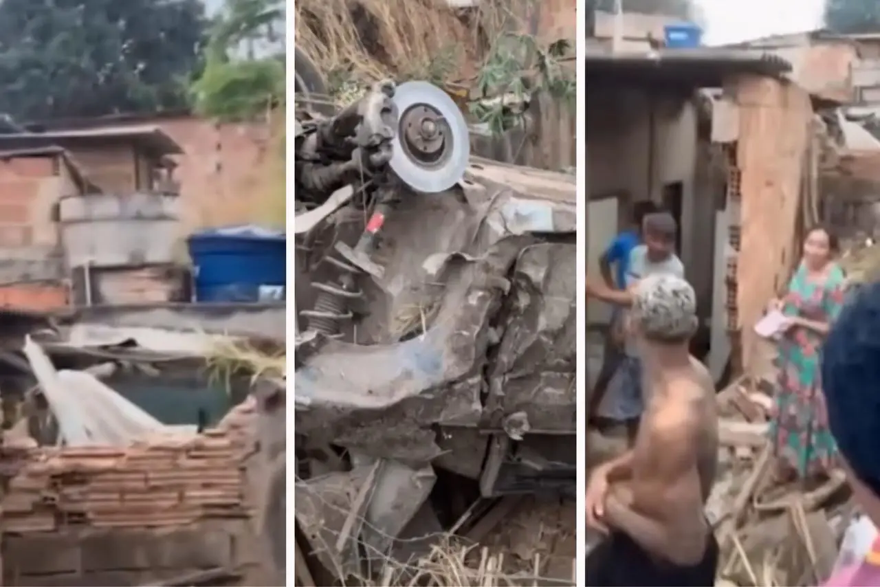 Perseguição policial acaba com carro caindo em barranco atingindo 4 casas || Reprodução: Redes Sociais 