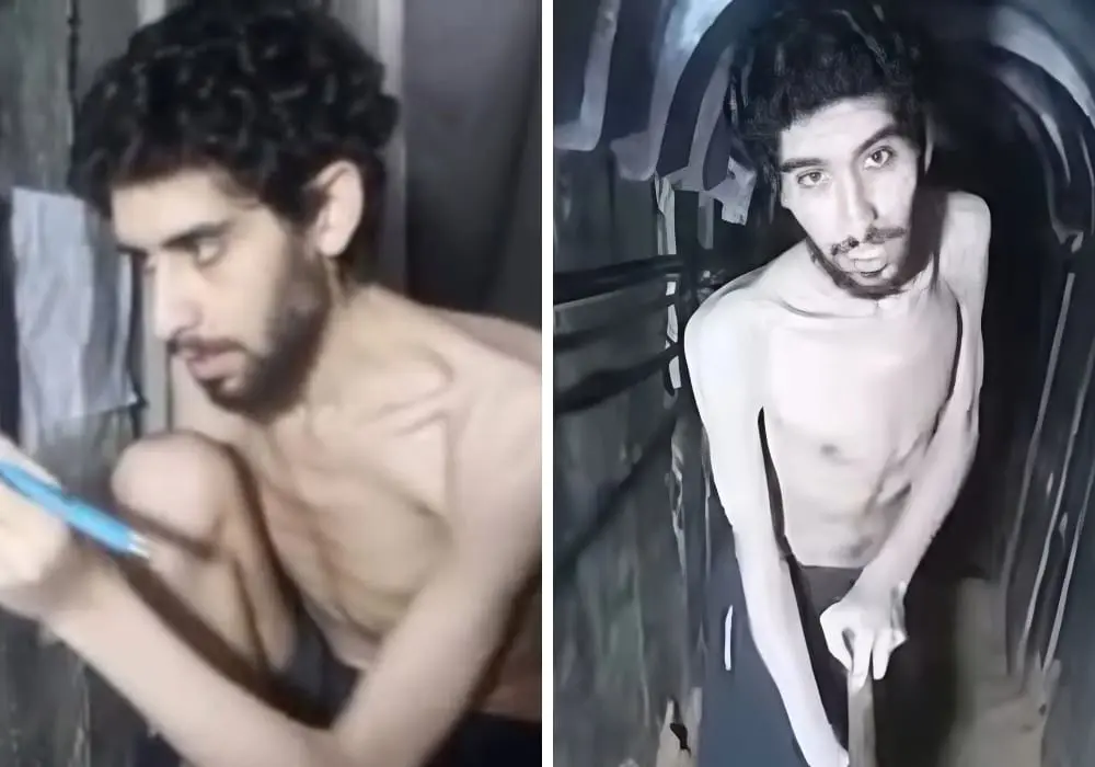 Evyatar David, sobrevivente da guerra na Faixa de Gaza, em vídeo divulgado pelo Hamas cavando a própria cova - Reprodução/ Redes sociais