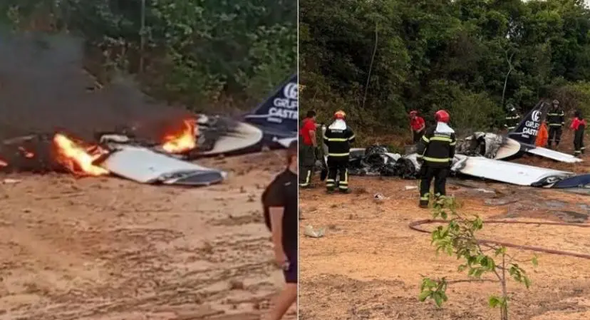 um avião de pequeno porte cai, pega fogo e dexa feridos
