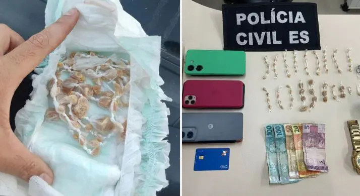 mulher e presa em flagrante escondendo droga em fralda de criança