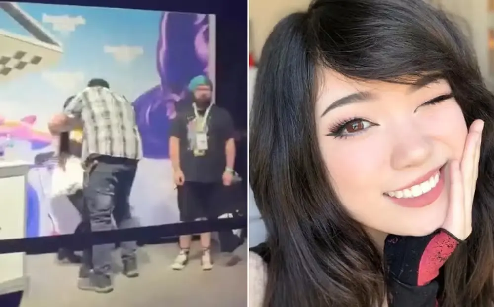 Streamer Emiru foi agarrada por fã em convenção da Twitch na Califórnia — Foto: Reprodução/X; Reprodução/Instagram
