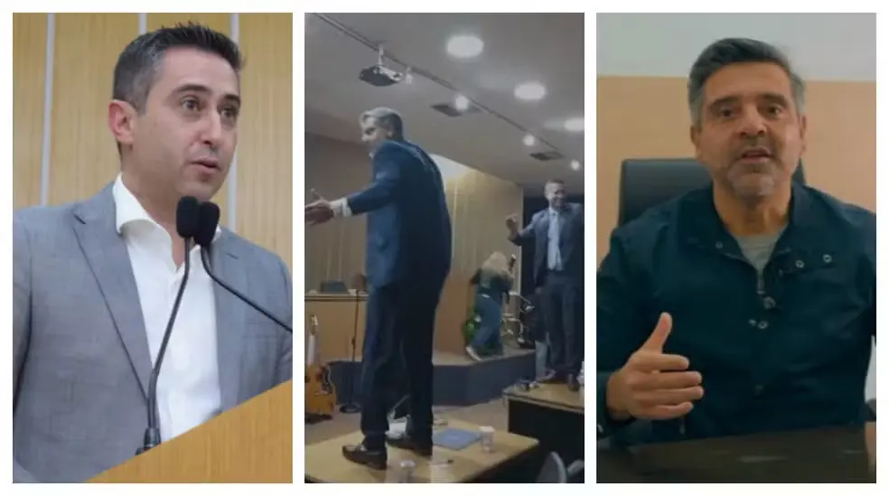 Os vereadores Caio Salgado (PL) e Professor Ródnei (PSD) foram flagrados dançando em cima da mesa após sessão solene na quinta-feira (2). — Foto: Montagem/g1/Reprodução