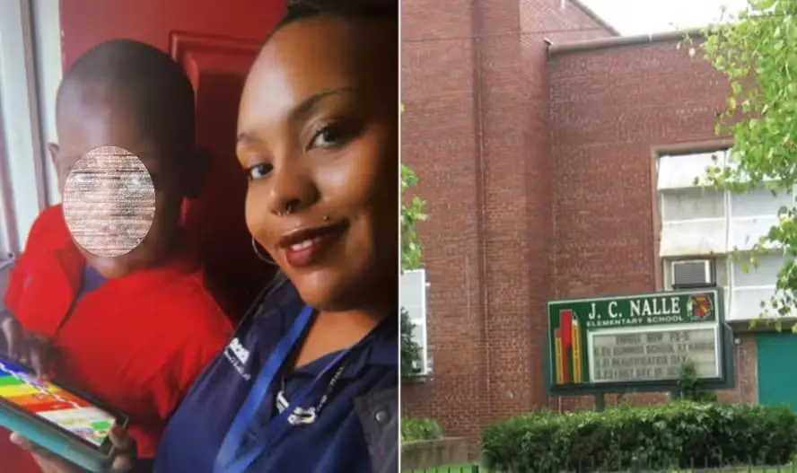 David, de 9 anos, autista e não verbal, ao lado da mãe, Shanice Griggs, e a escola J.C. Nalle, em Washington (EUA), onde o menino sofreu abuso — Foto: Reprodução

