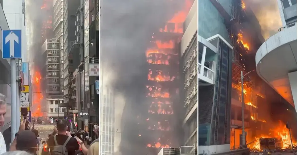 Incêndio em prédio de 25 andares em Hong Kong, neste sábado (18). Reprodução/redes sociais
