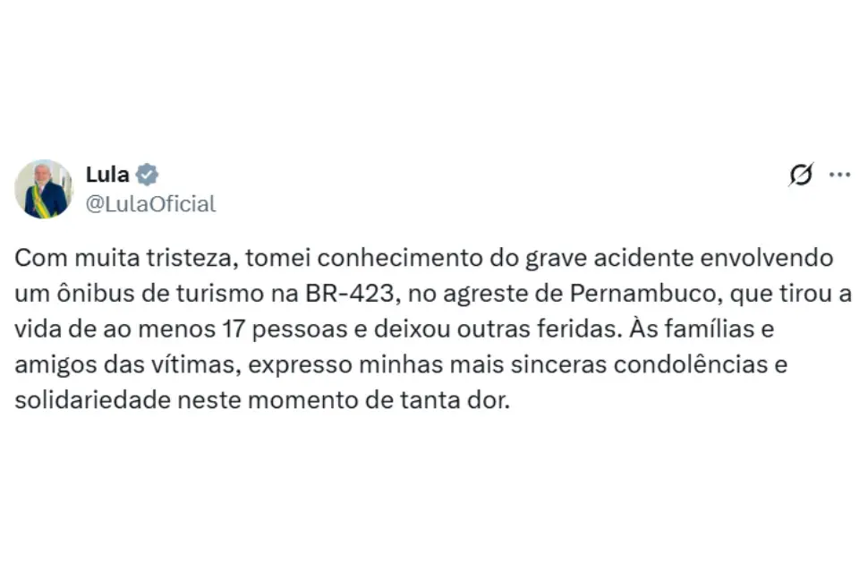 O presidente Luiz Inácio Lula da Silva publicou em sua conta no X (antigo Twitter) uma nota em solidariedade às vítimas do grave acidente de ônibus na BR-423, no Agreste de Pernambuco. Reprodução/redes sociais