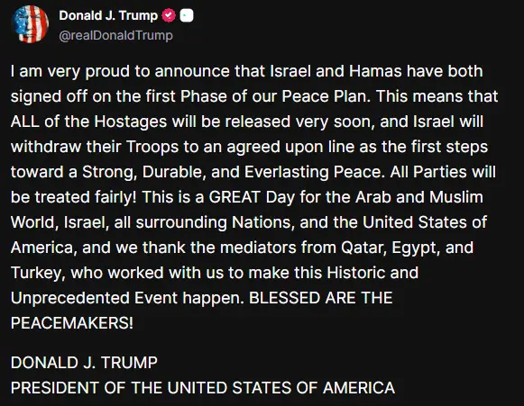Trump fez postagem comentando acordo entre Israel e Hamas (Foto: Reprodução / Redes Sociais)
