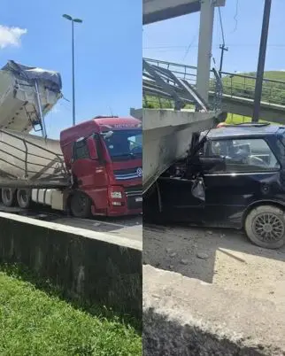 Passarela desaba após ser atingida por caminhão na BR-116, em Magé, e estrutura cai sobre carro; motorista morreu na hora. Foto: Reprodução.