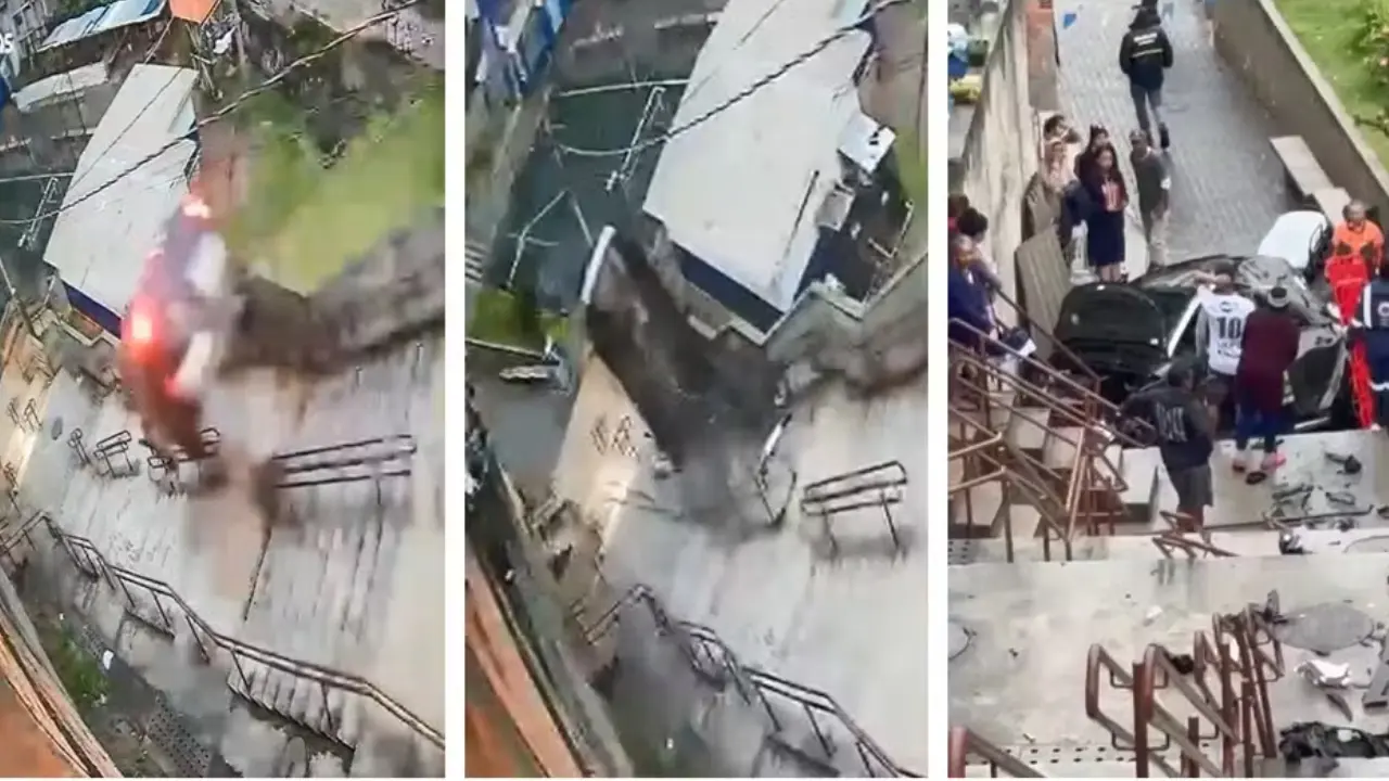 Vídeo: motorista passa mal, perde o controle e carro despenca sobre escadaria