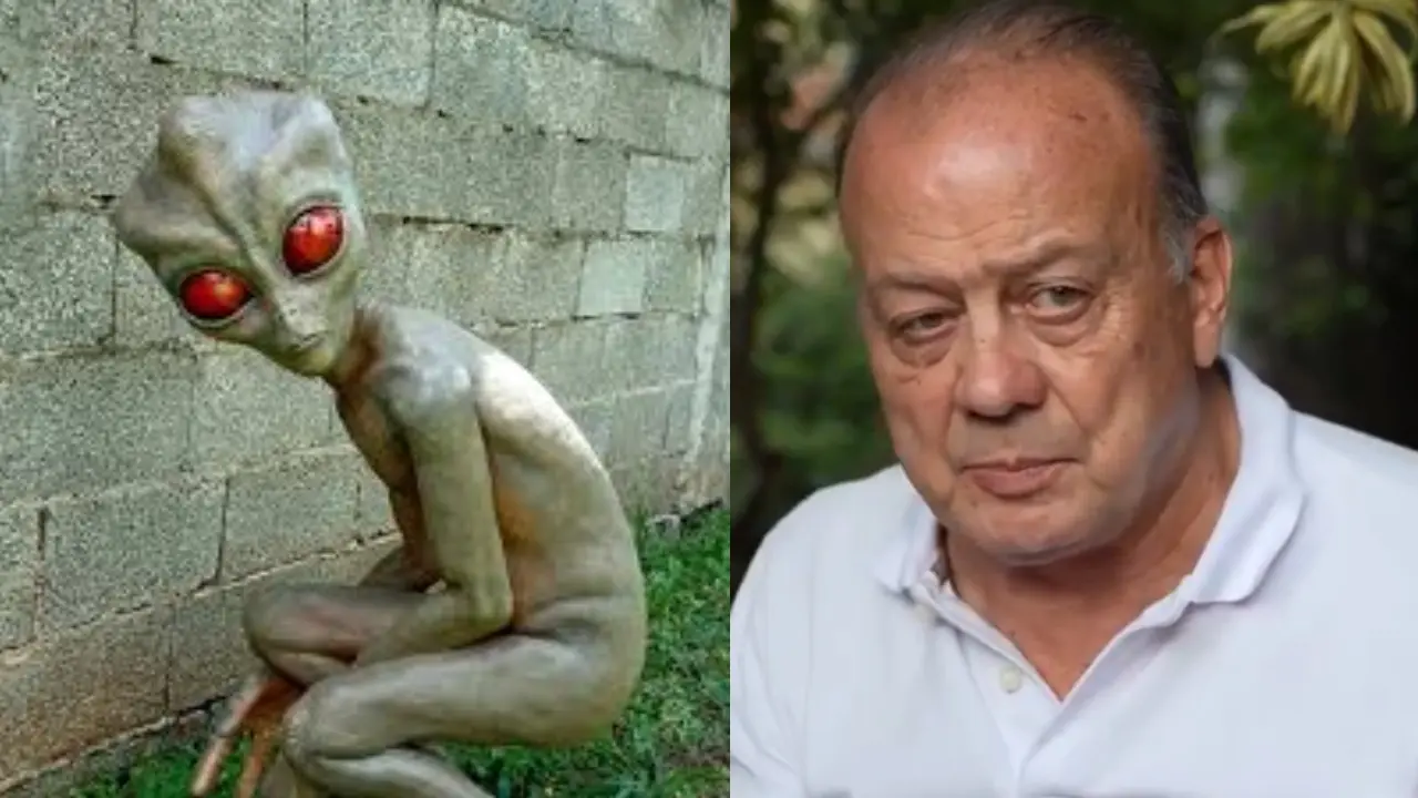 À esquerda, escultura representa o ET de Varginha; à direita, o médico Ítalo Denelle Venturelli. (Reprodução)