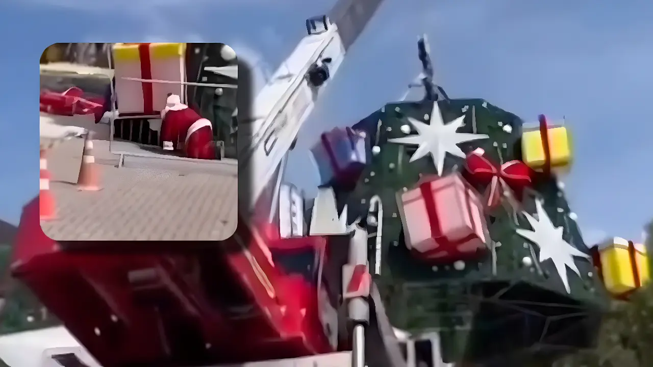 ‘Papai Noel’ escapa por pouco de acidente com guindaste em montagem de árvore de Natal