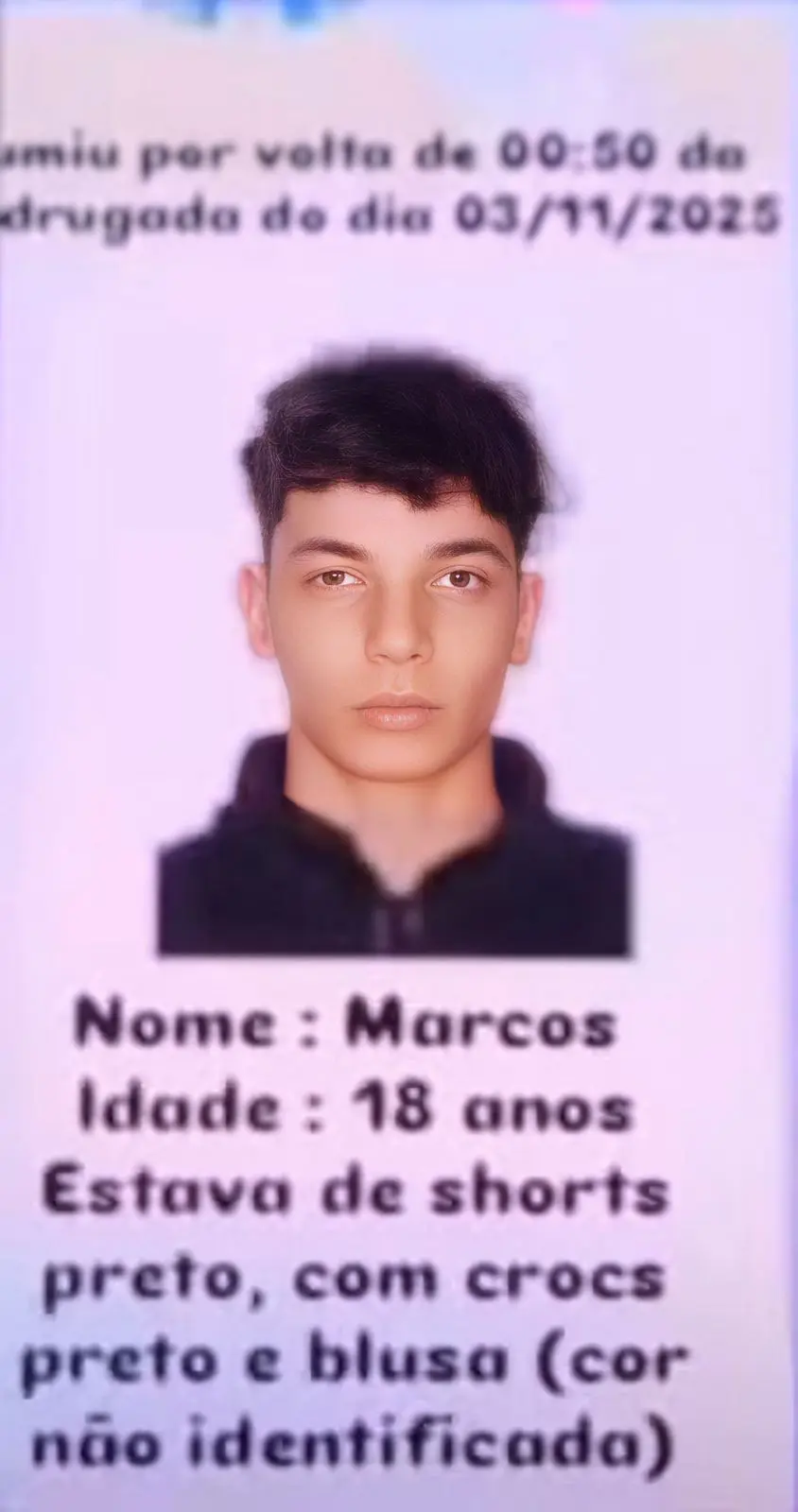 Jovem de 18 anos dado como desaparecido é encontrado morto em Praia Grande, SP (Foto: Reprodução/Redes Sociais)
