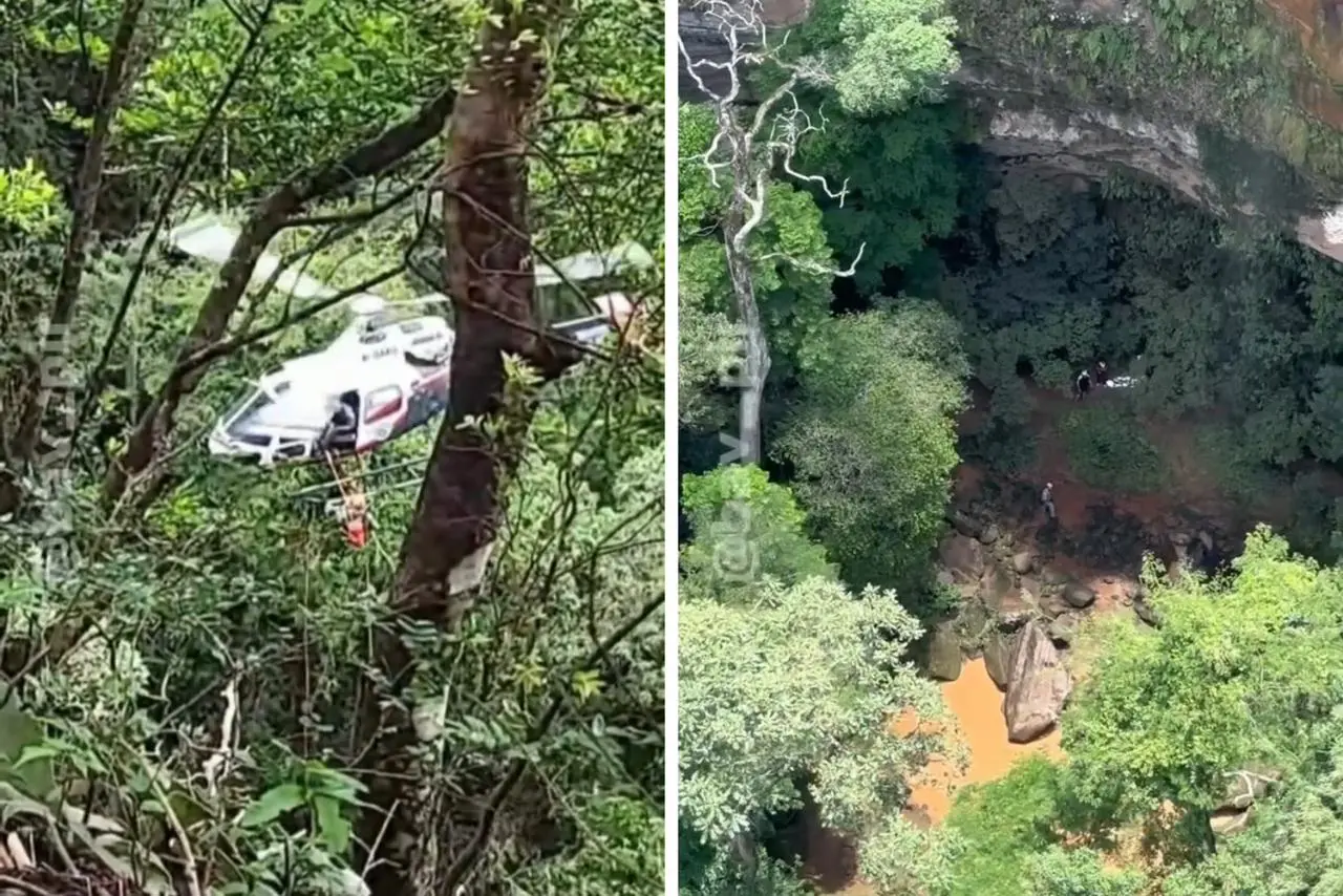 Vídeo mostra resgate de mulher que caiu em cachoeira no interior de SP