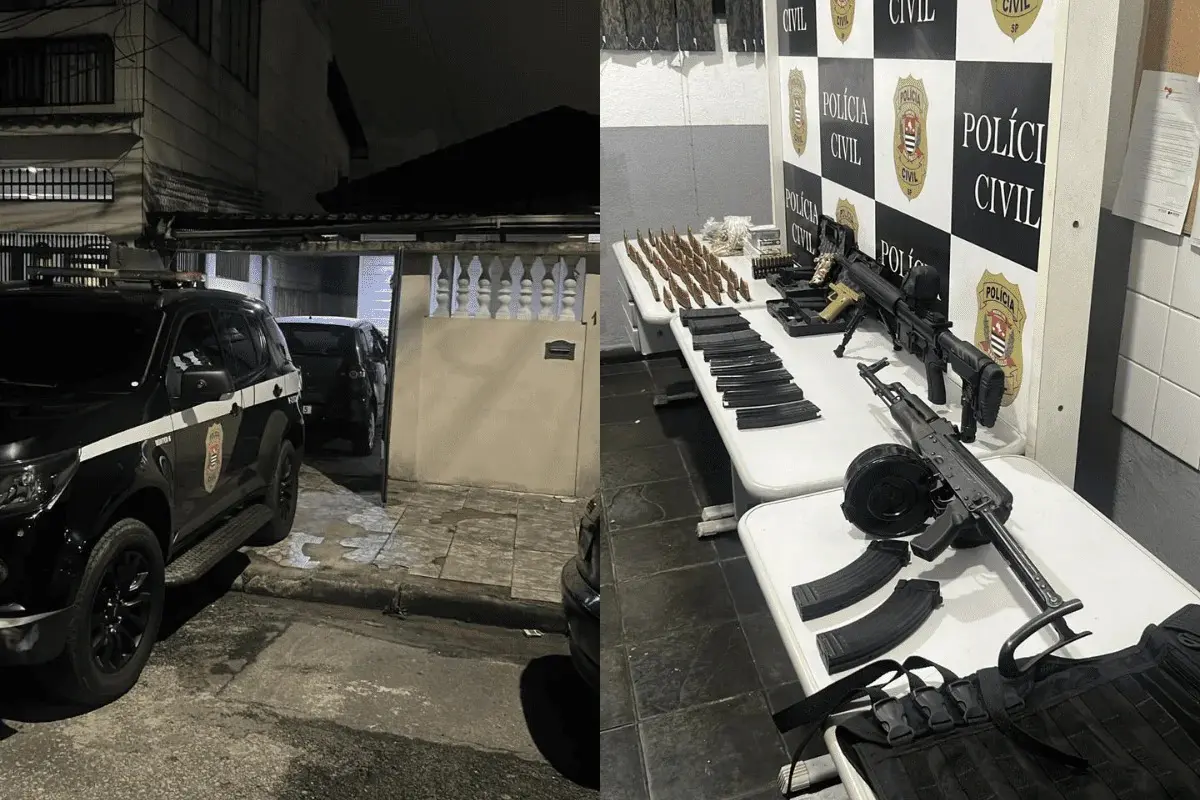 Arsenal com fuzis, pistolas e munições foi encontrado dentro de uma residência no Guarujá; material era ligado a uma facção criminosa. Foto: Divulgação.