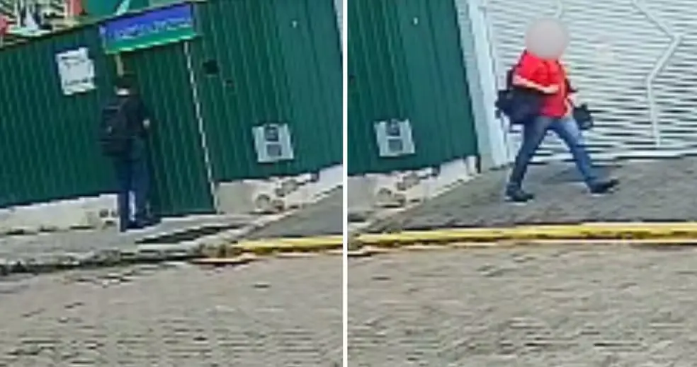 Suspeito de envolvimento no latrocínio de corretor foi filmado vestindo vermelho e saindo do local do crime com a mochila da vítima — Foto: Reprodução