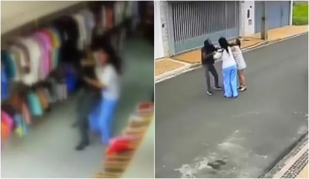 Imagens mostram o momento em que o assaltante é colocado para fora da loja por duas mulheres em Rio Claro (SP). Foto: Reprodução.