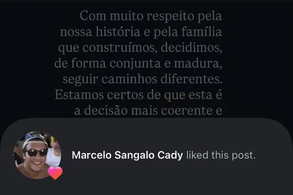 Marcelo Sangalo curtiu publicação sobre separação || Reprodução: Redes Sociais 