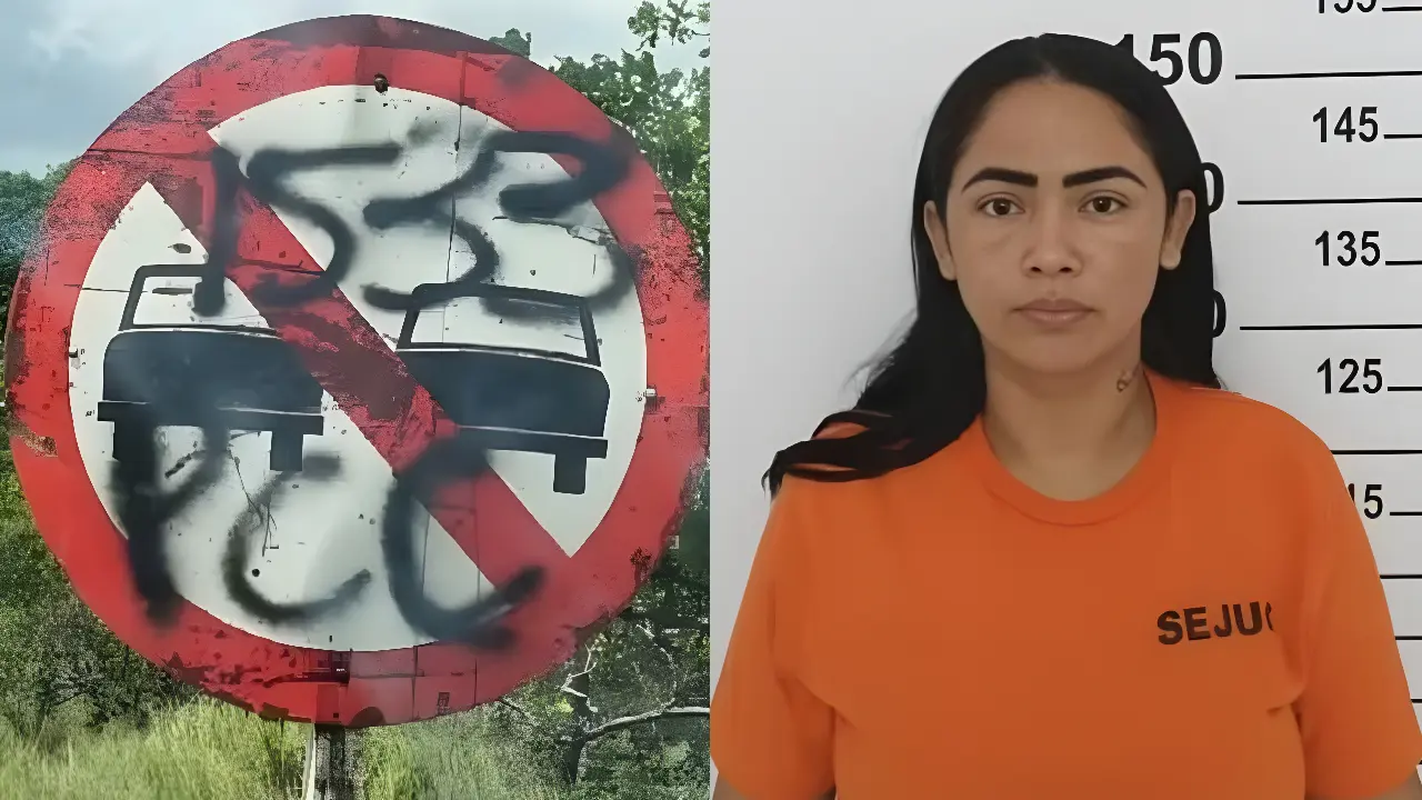 Placa de trânsito pichada com sigla do PCC. À direita, Cilara Rodrigues de Souza, a “Kauany” / Reprodução e FBSP