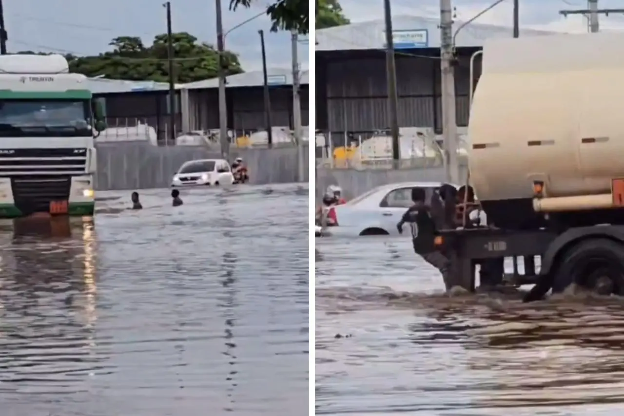 Crianças transformam rua alagada em 'piscina' e brincam entre carros || Reprodução: Redes Sociais 