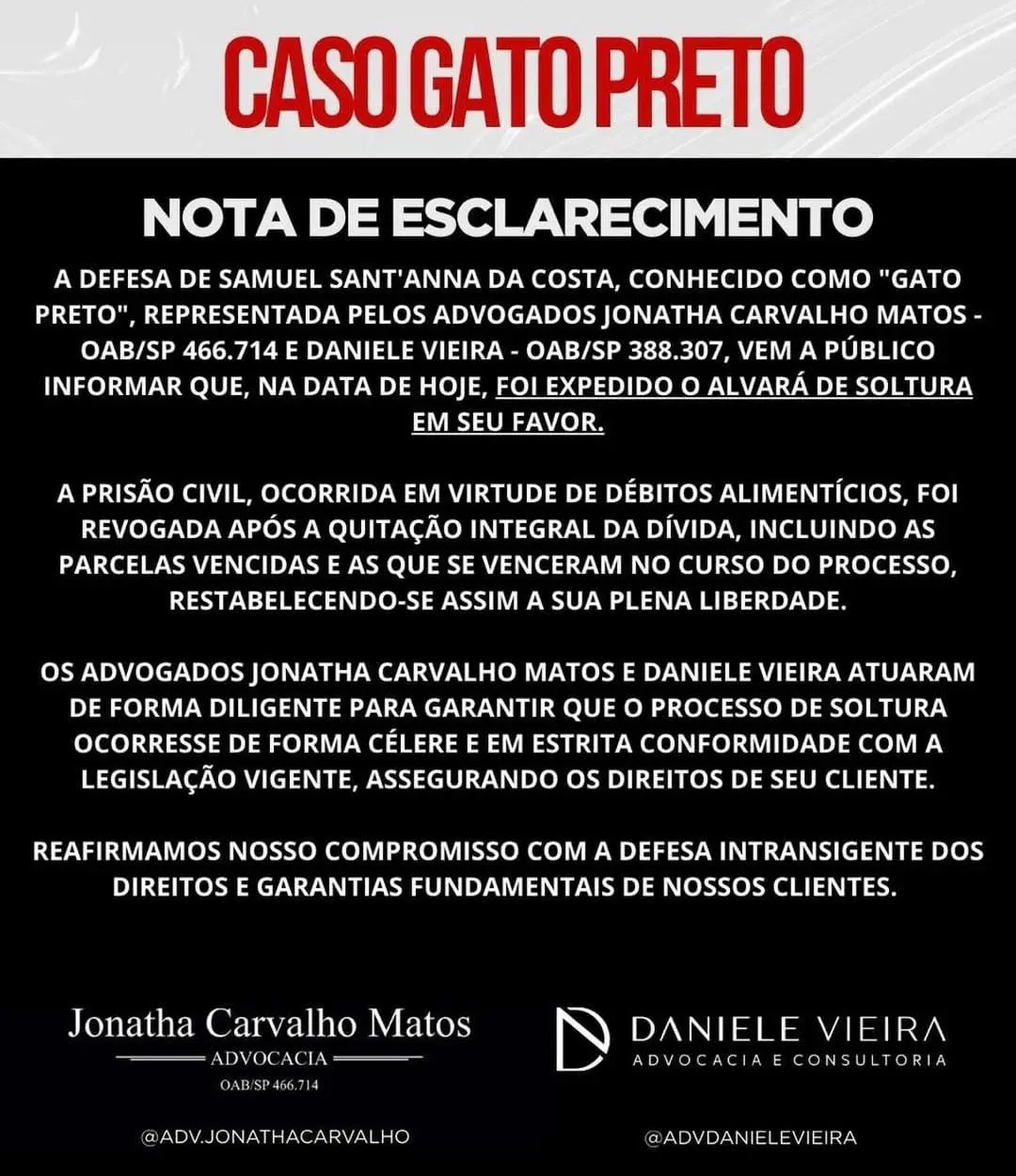 Nota de esclarecimento sobre o caso do Gato Preto (Foto: reprodução/Redes Socias)