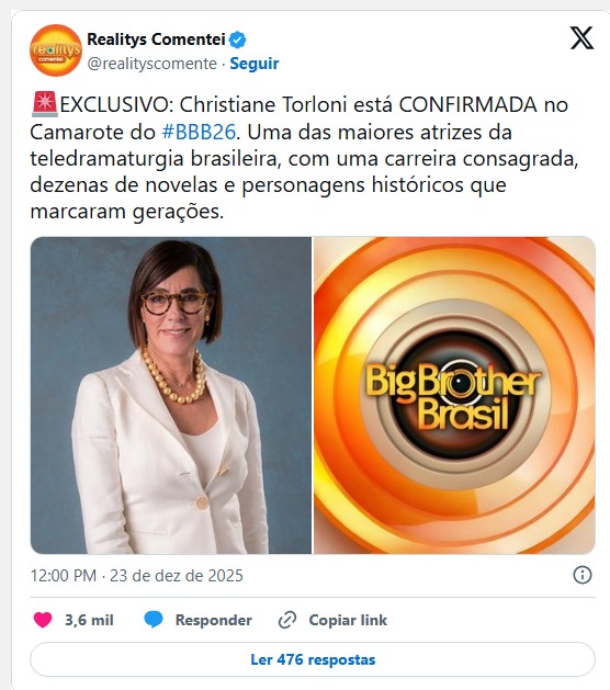 Assessoria de Christiane Torloni se manifesta após rumores de participação no BBB26