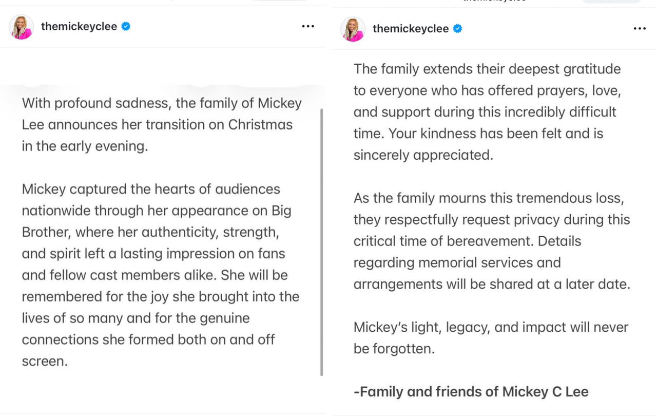 Nota da família no perfil oficial de Mickey Lee 