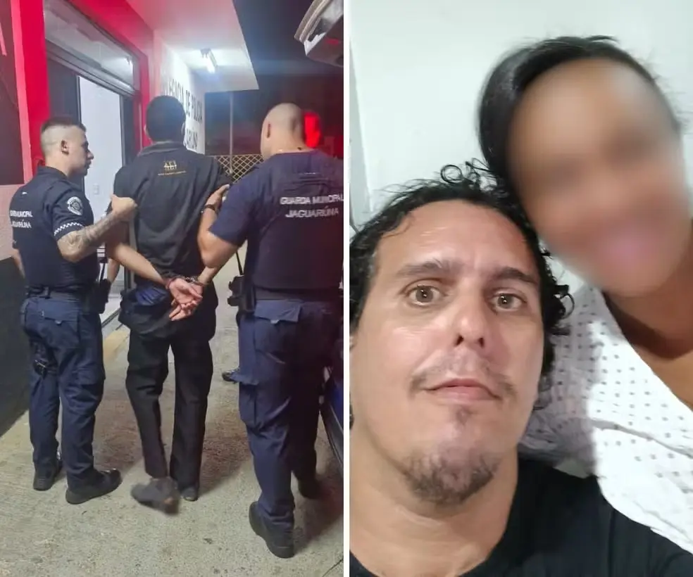 Caio César dos Santos Bartolomeu, de 18 anos, foi preso em flagrante (à esq.); ele matou o padrasto, Leandro Flaeschen Moreira, de 41 (à dir.) — Foto: Guarda Municipal/Reprodução/Redes sociais