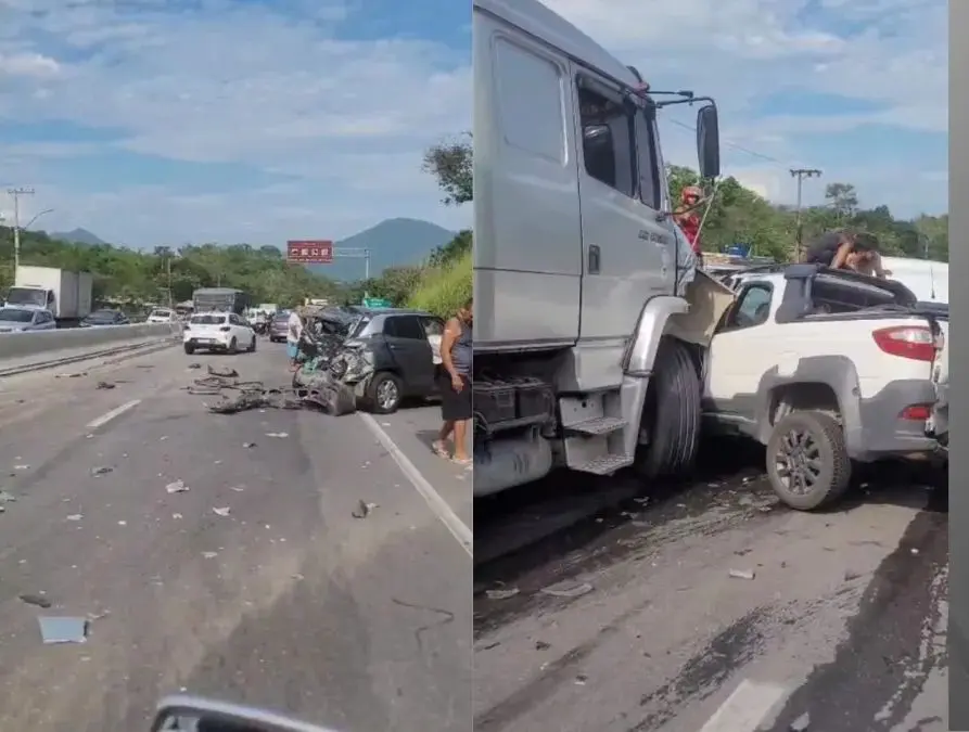 Batida em sequência envolveu 16 veículos na RJ-106; vítimas foram socorridas por bombeiros de Itaipuaçu e Maricá. Foto: Divulgação.