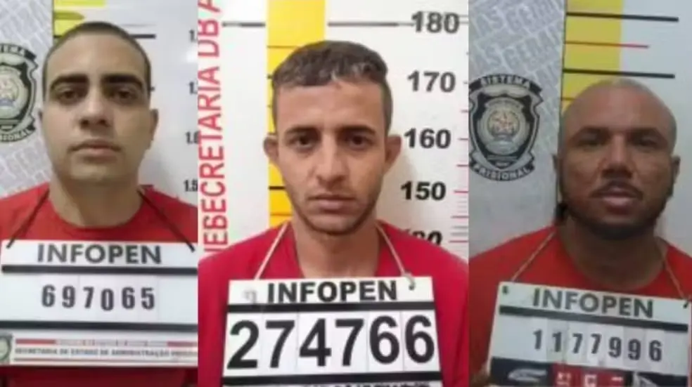 Fotos mostram Ricardo Lopes de Araujo, Wanderson Henrique Lucena Salomão e Nikolas Henrique de Paiva Silva, que deixaram prisão pela porta da frente após fraudarem ordens de soltura — Foto: Divulgação/Sejusp-MG