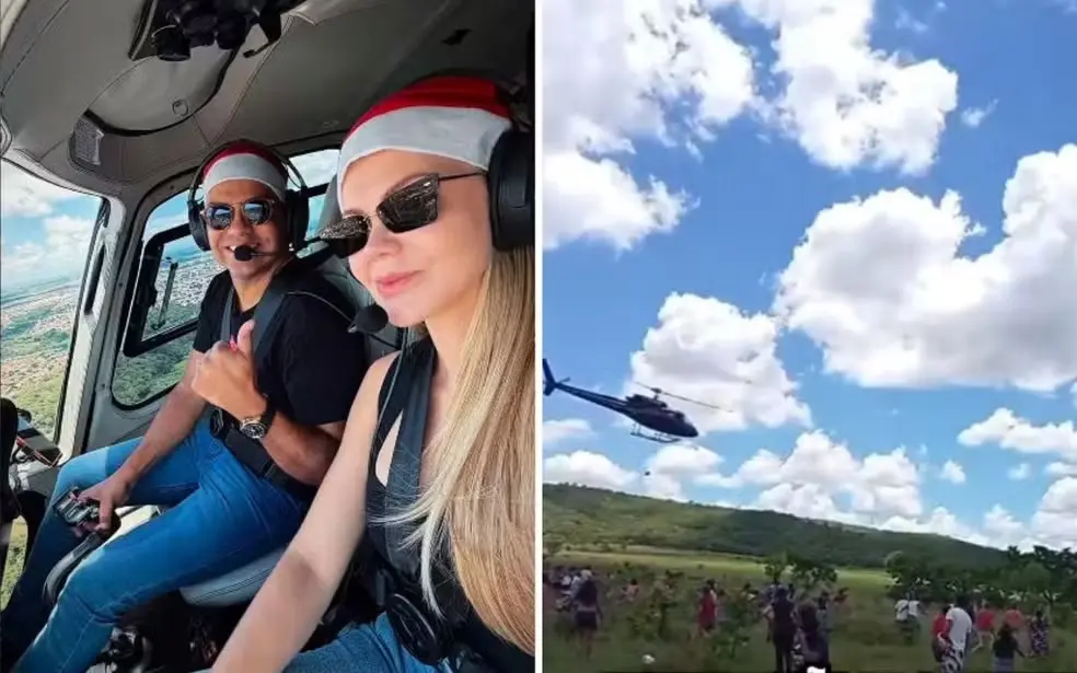 Helicóptero de frigorífico joga carne para moradores e causa polêmica (Foto: Reprodução/Redes sociais)