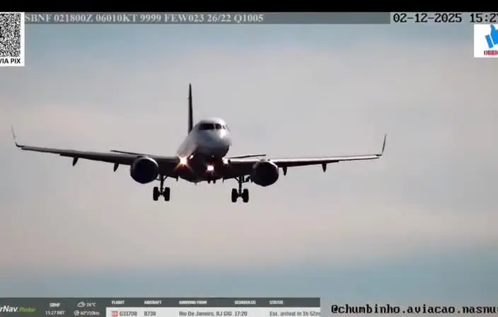 Vídeo mostra o momento em que a aeronave dá a volta e retorna à pista, acompanhada por equipes de apoio e bombeiros no Aeroporto Ministro Victor Konder, em Navegantes (SC). Foto: Reprodução.