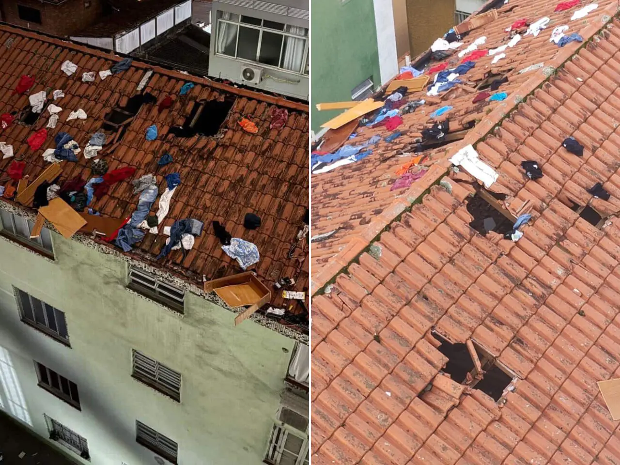 Homem arremessa objetos do 15º andar durante briga de casal e destrói telhado de condomínio; vídeo